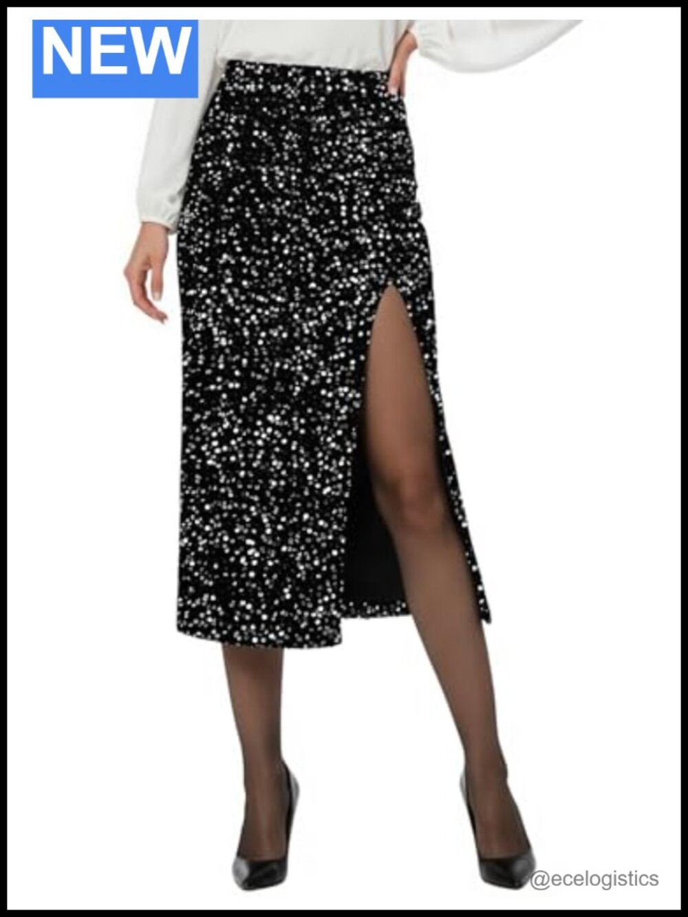 Sequin Velvet Midi Skirt High Waist Fitted Pencil Side Slit